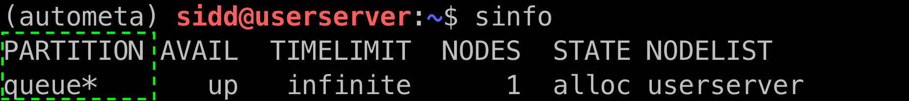 Screen shot of ``sinfo`` output showing ``queue`` listed under partition